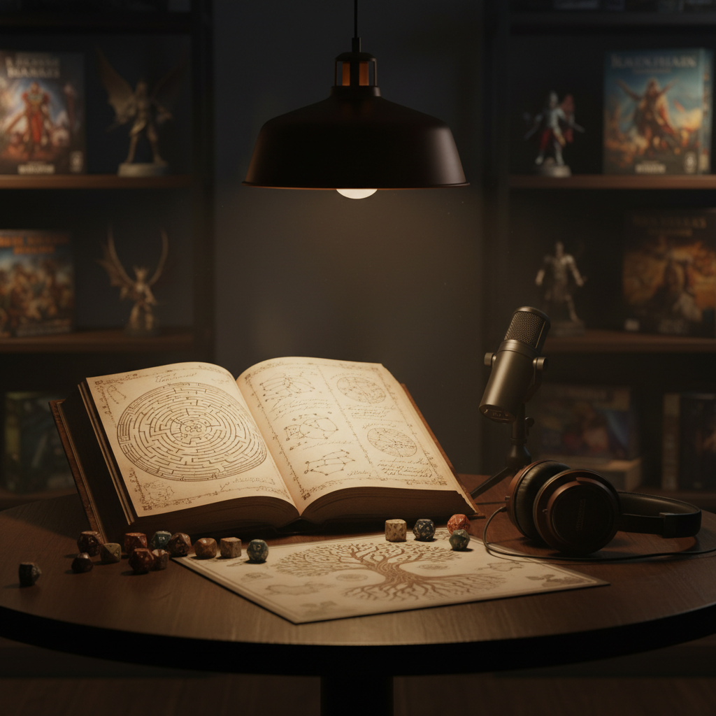 A large, ancient leather-bound book embossed with a subtle labyrinth symbol lies open on a dark wooden studio table, pages filled with faint, intricate constellations and marginal notes about mythic heroes. Surrounding it are scattered polyhedral dice, a neatly stacked game board map showing a stylized world tree, and a pair of headphones resting beside a simple microphone on a low stand. Warm, focused pendant lighting pools over the center of the table, leaving the edges in gentle shadow, creating a contemplative, cinematic mood. Shot at eye level with shallow depth of field in photographic realism, the composition centers the open book while softly blurring shelves of game boxes and myth-inspired statuettes in the background, suggesting a podcast space where mythology and games converge.