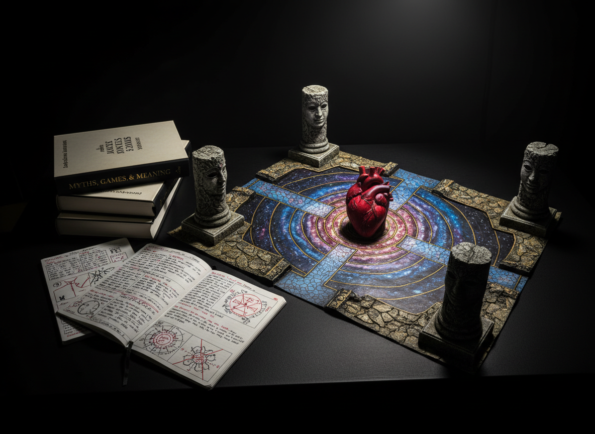 On a matte black tabletop, a detailed, hand-painted tabletop RPG dungeon map unfolds, depicting a subterranean temple dedicated to an unknown goddess: mosaic floors shaped like a spiral galaxy, towering column bases carved with mirrored masks, and a central altar shaped like an enormous, stylized heart. Beside the map, a stack of custom rulebooks titled “Myths, Games, & Meaning” sits next to notebooks filled with tightly written campaign notes and symbolic diagrams. A single overhead spotlight casts dramatic, high-contrast light, leaving the surroundings mostly in shadow and emphasizing the textures of paper, paint, and stone-like miniature terrain. Shot from a high, three-quarter angle in photographic realism, with sharp focus throughout, the composition feels intense and scholarly, evoking the excavation of mythic themes through game design and storytelling.